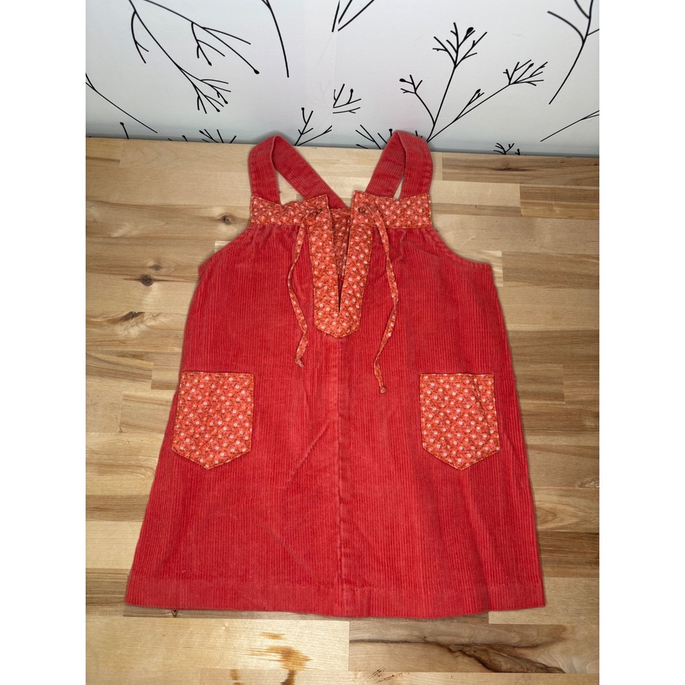 Vintage Alyssa Girls Coral Red Corduroy Dress Floral Lace Up Pinafore Size 4T‎